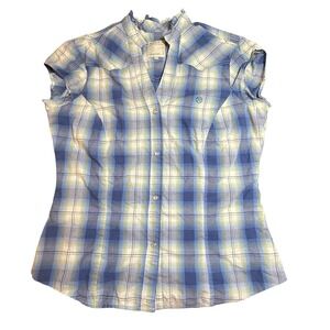 Roper Womens Blue Green Plaid Western Pearl Snap Cap Sleeve Shirt Medium
